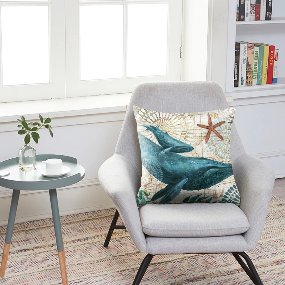 Наволочка из хлопка и льна с изображением морской черепахи русалки декоративная