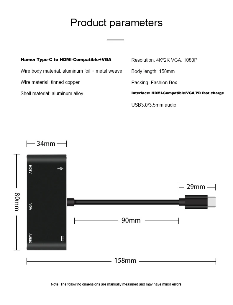 

Tpye-C to HDMI-Compatible 4K 60HZ and VGA Adapter With Aluminum Metal Audio PD Charge USB