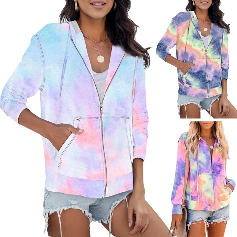 Женское пальто с капюшоном и длинным рукавом неоновая цветная толстовка на молнии принтом Повседневная