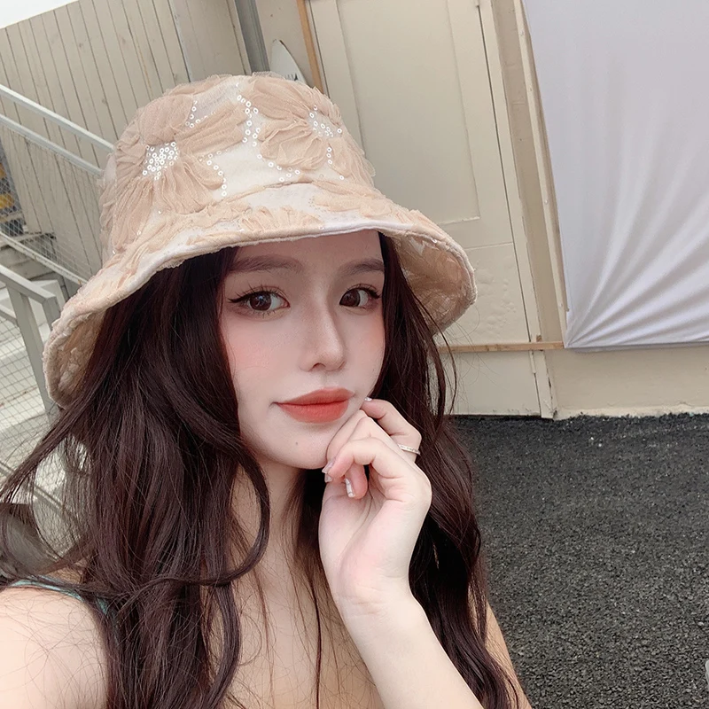 

INS Buckets Hat Women Transparent Lace Flower Sequin Beach Panama Hats High Top Female French Flower Sun Lady Cap Summer Travel