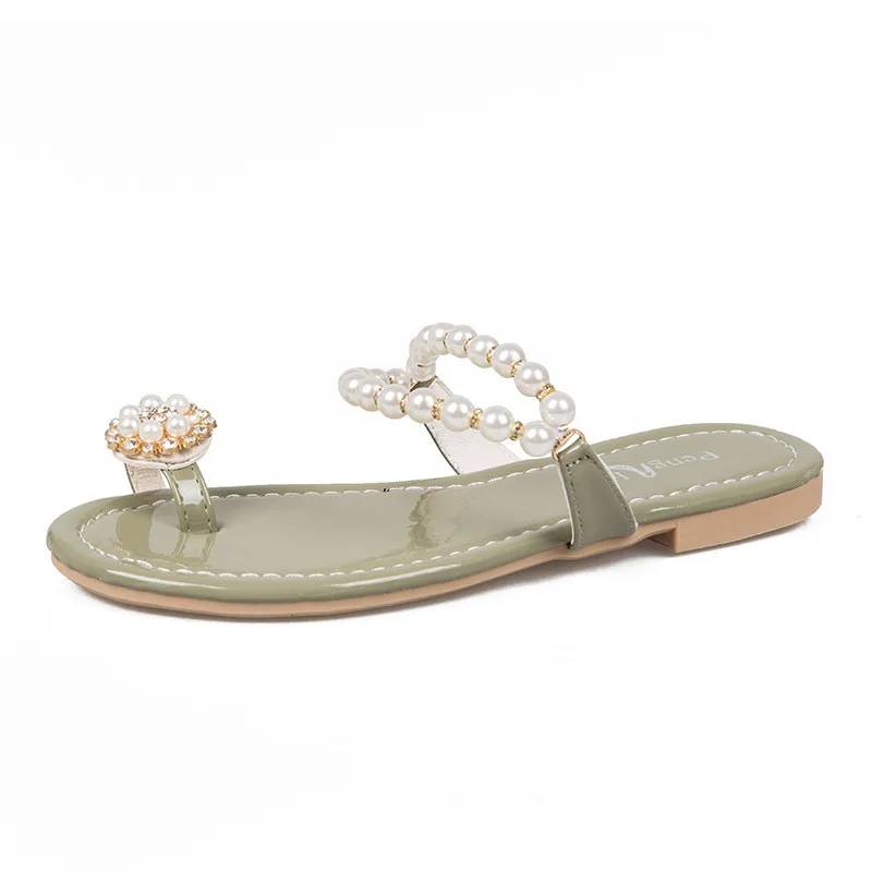 

Clip Toe Sandals Women Summer New Pearl Toe Slippers Casual Flat Bottom Women Sandals Wear Bohemian Beach Women Slippers
