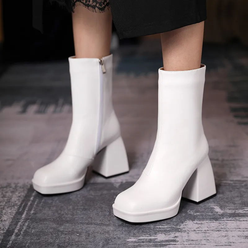 

Platform Leather High Quality Women's Ankle Boots New Autumn Winter Heel Square Toe Female Shoes Zip Laces Ladies Short Boots