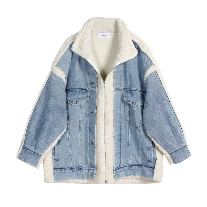 

Fashion Thick Warm Autumn Winter Jean For Women Oversized Outwear Lamb Wool Patchwork Denim Jackets Snow Female 2021