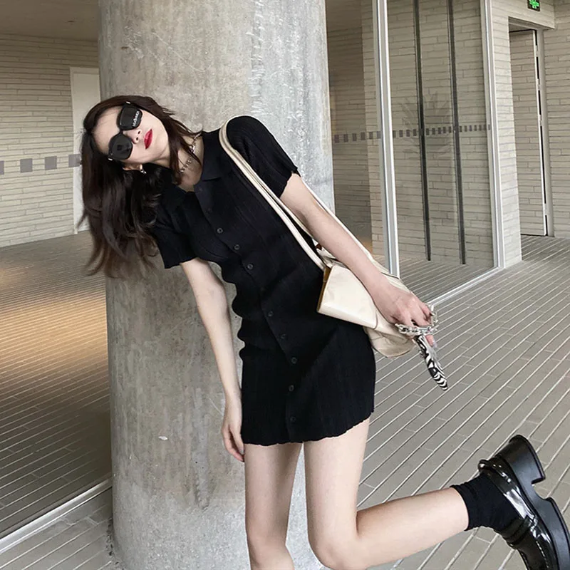 

Women's 2021 Summer New Style Korean Casual Short Skirt Single Breasted High Waist Slim Slimming Dress