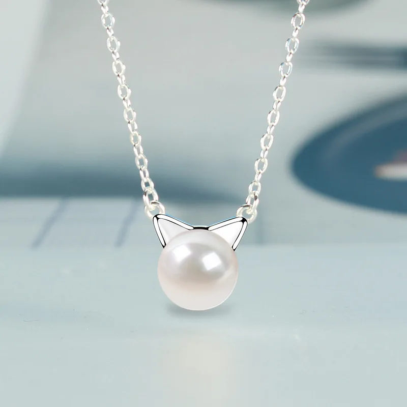 

New Necklace 925 Silver Jewelry for Women Accessories with Created Pearl Gemstone Cat Shape Pendant Wedding Promise Party Gift