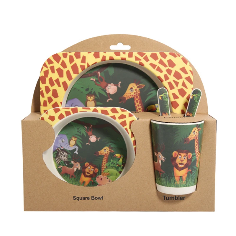 Animal Set 5 шт./компл. Детские тарелка посуда с изображением мультипликационных персонажей для детей, посуда для кормления c изображением животных, из детская натурального бамбукового волокна посуда с чаша Вилка чашка Ложка пластина - Цвет: Animal Set