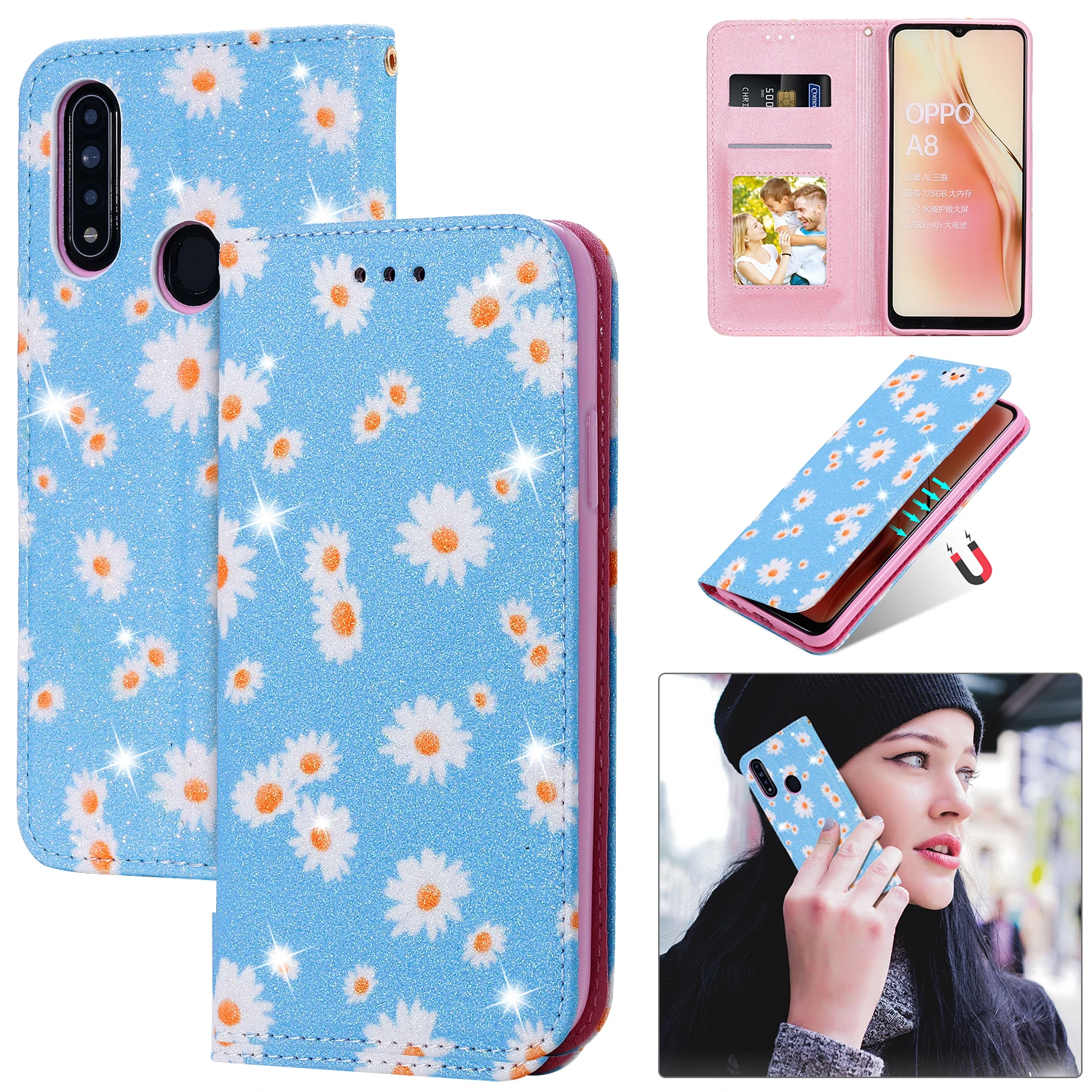 

Daisy Flower PU Leather Wallet Flip Case For OPPO A11 A11x A92 A72 A31 A8 A52 A5 A9 2020 Cover Mobile Phone Preservation Bag