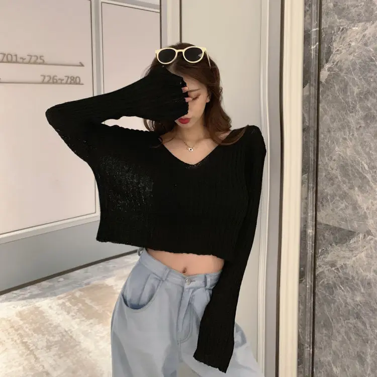 

2020 Summer Thin Knitted Pullovers Causal Short Sleeve V-neck Knitwear Korean High Waisted Short Sun Protection Top Solid