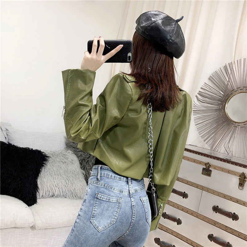 Женская Байкерская короткая куртка из искусственной кожи черная Базовая на