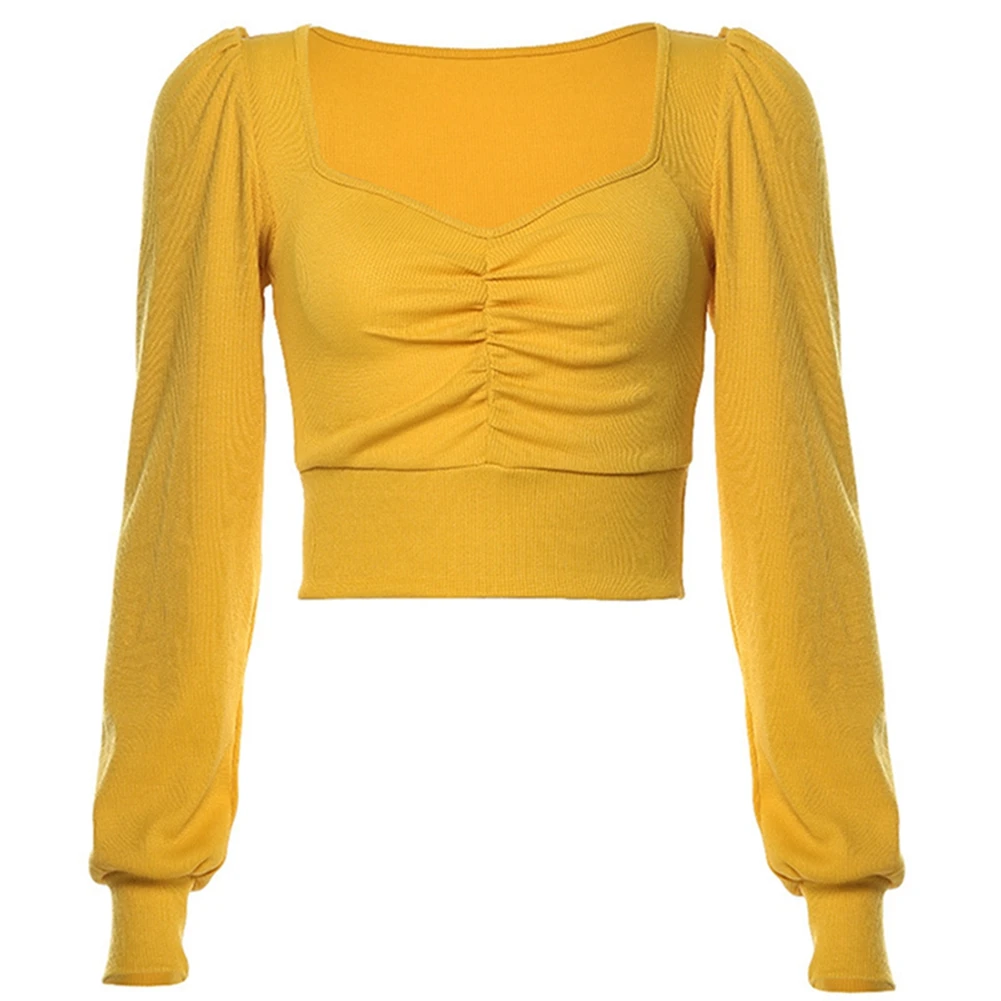 

Womens Winter Crop Tops Slim Fit Knitted V Neck Long Sleeve Pleated Shirt Blouse