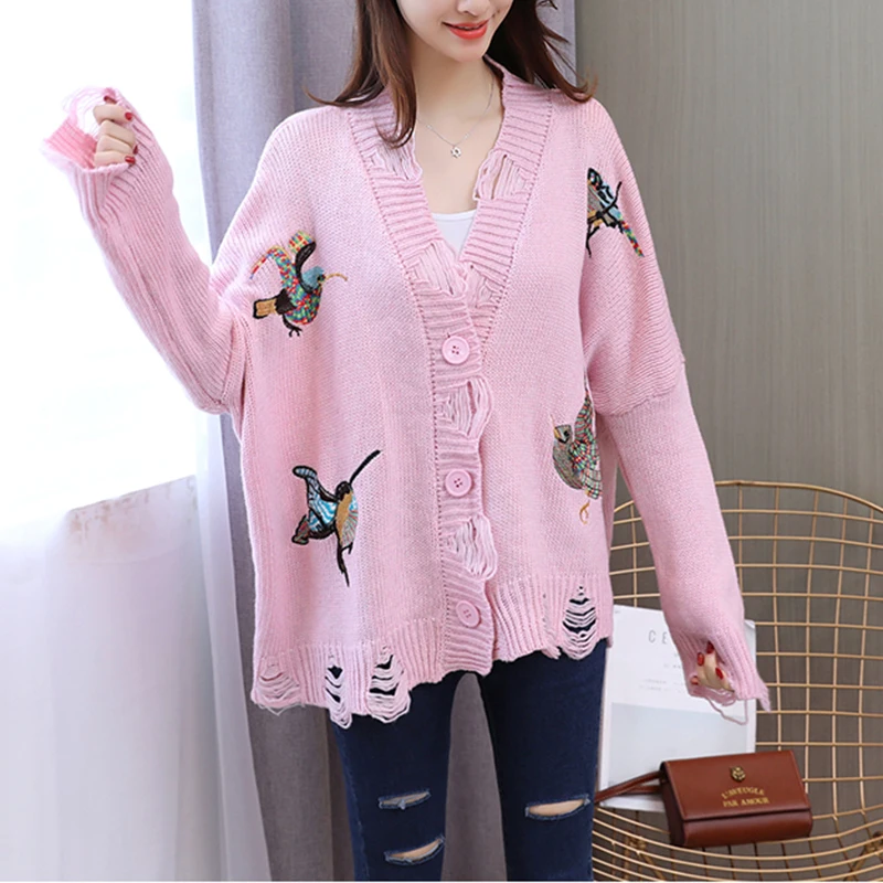 PERHAPS U Sweater Knitted Embroidery Bird Long Sleeve Yellow Beige Blue Single Breasted Cardigans V Neck Autumn New M0123 Hole |
