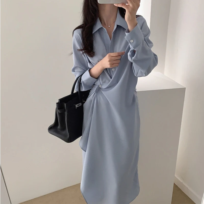 

Spring Workwear Women's Solid Shirt Dresses Lapel Single-breasted Loose Irregular Female Vintage Dress Summer 2021 Vestidos