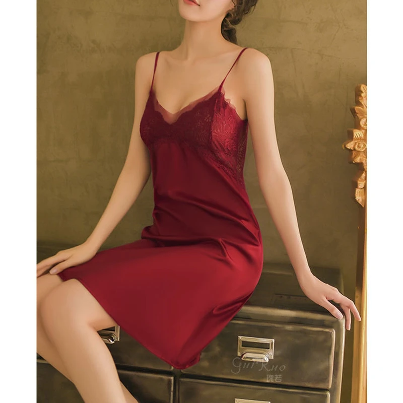 

Sexy Women's Sleepwear Lace Nightdress New Summer Mini Thin Homewear Nightwear Silk Sleeveless Nightgown Night Dress Size M-XXL