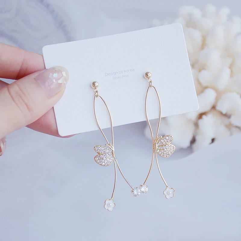 

Korean Hot 14k Real Gold Jewelry Butterfly Flowers Earring for Women Top High Quality AAA Shiny Zirconia S925 Silver Needle Gift