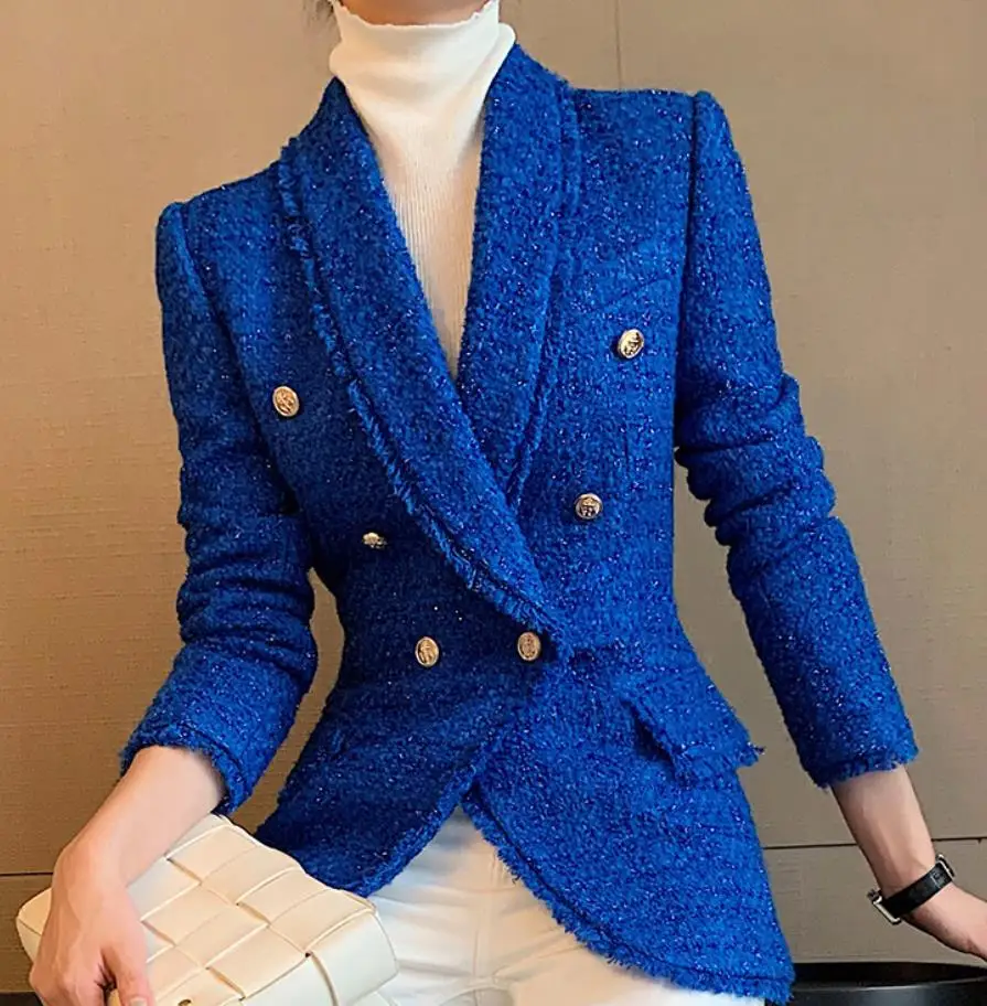 Black tweed blazer Women Spring Autumn double breasted Elegant All-match Long Sleeve small suit
