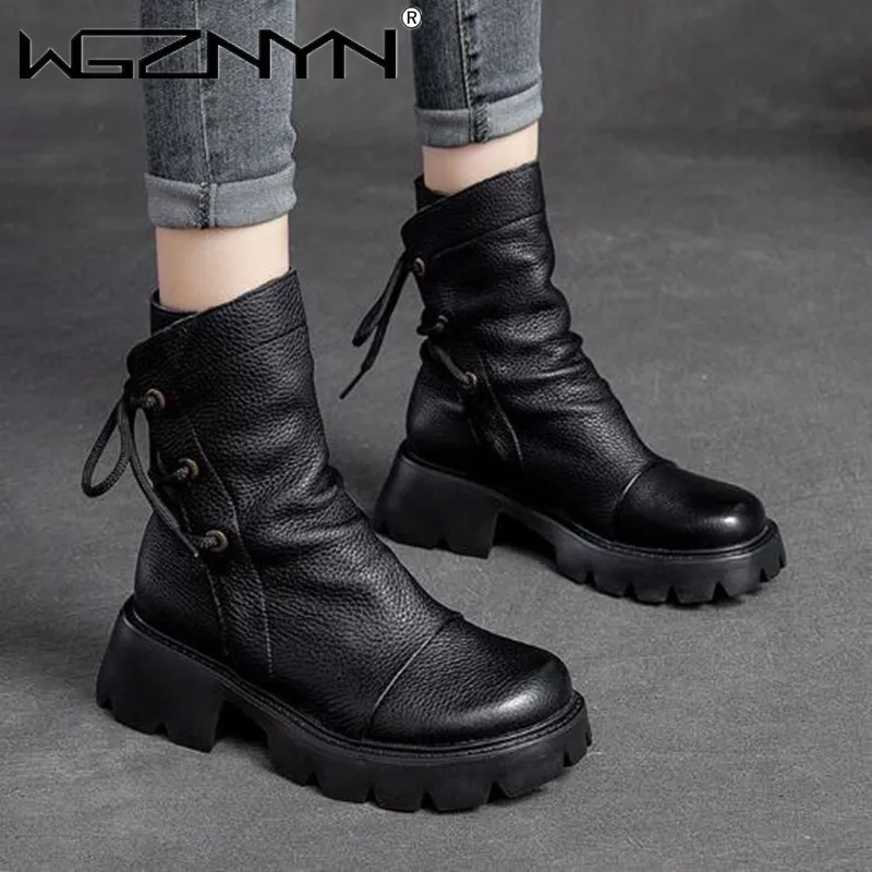 

Women's Boots Platform Retro Shoes for Women 2021 Rubber Martin Boots Female Women Shoes Round Toe Cross-Tied Short Ankle Boot