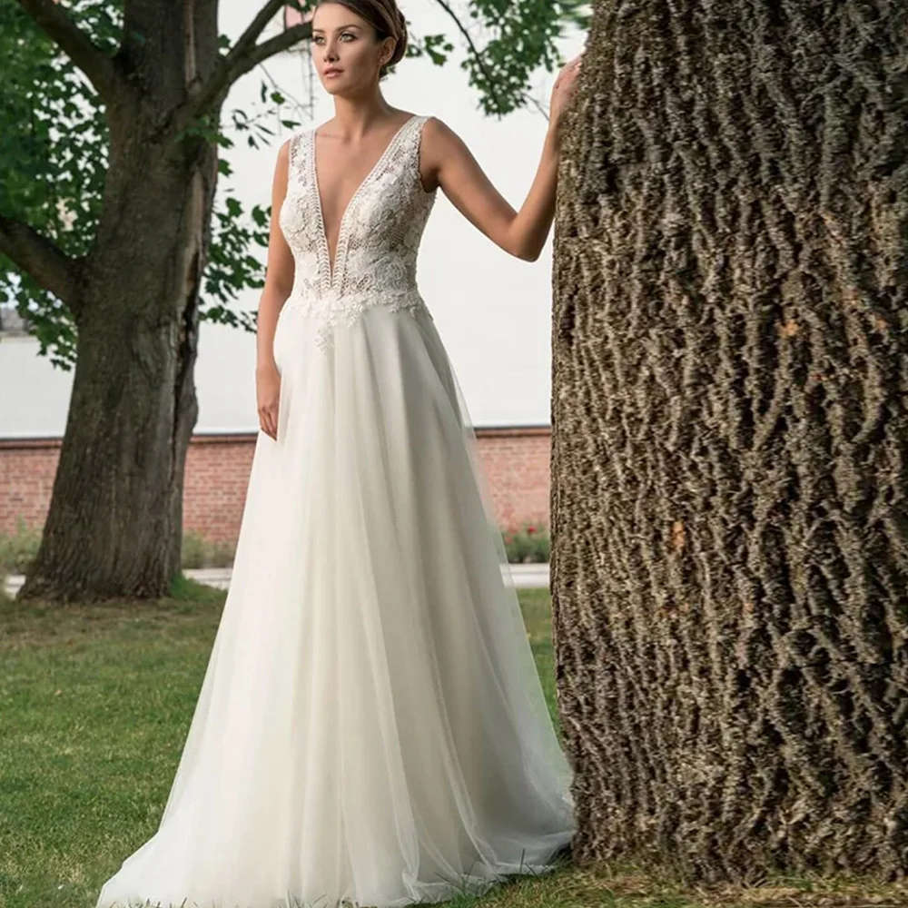 

V Neck A Line Beach Wedding Dresses For Women 2021 Sexy Illusion Back Bridal Wedding Gowns Ivory Lace Tulle Hot Sale