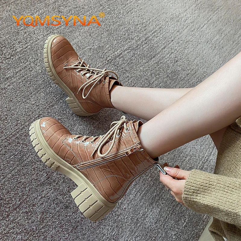 Murah YQMSYNA Sepatu Bot Pergelangan Kaki Kasual Wanita Sepatu Bot Hak Persegi Berenda Ujung Bundar Kulit Asli Sepatu Perjalanan Anti-selip Ritsleting Mode AS190