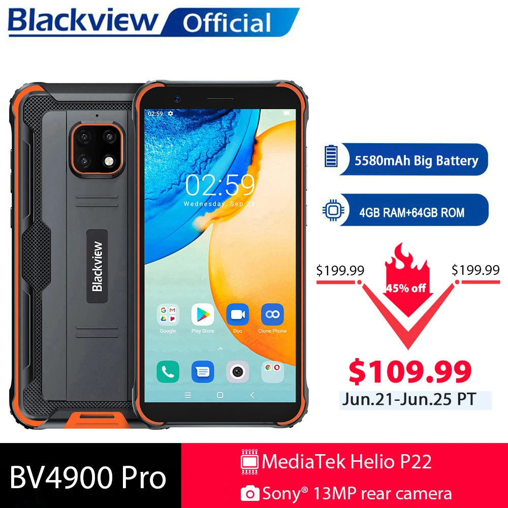  Blackview BV4900 Pro IP68 Rugged Phone 4GB 64GB Octa Core Android 10 Waterproof Mobile Phone 5580mAh NFC 5.7 inch 4G Cellphone 