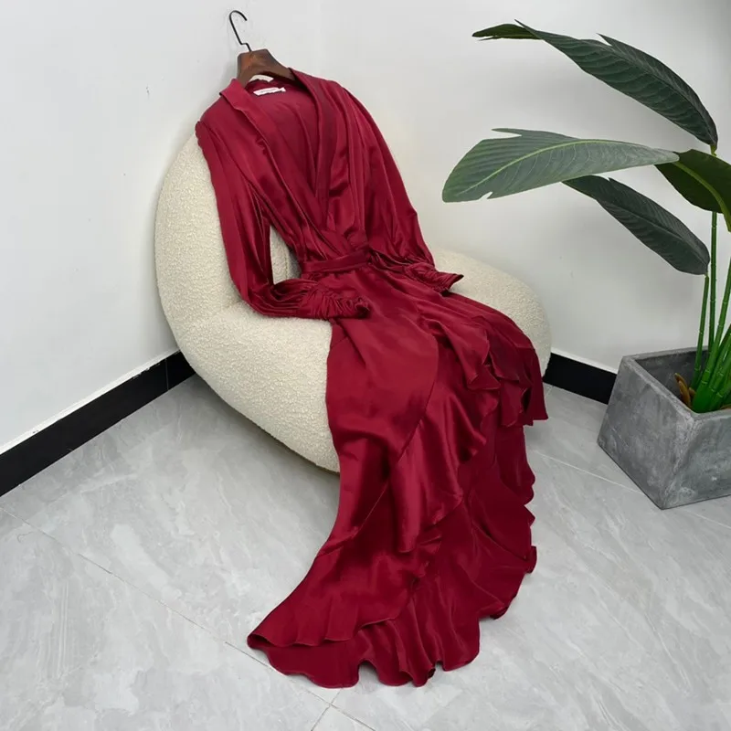 

2021 New Summer Women Fashion Solid Asymmetrical A-line Long Sleeve Waist Self-tie Mid-calf Dresses High Quality Silk