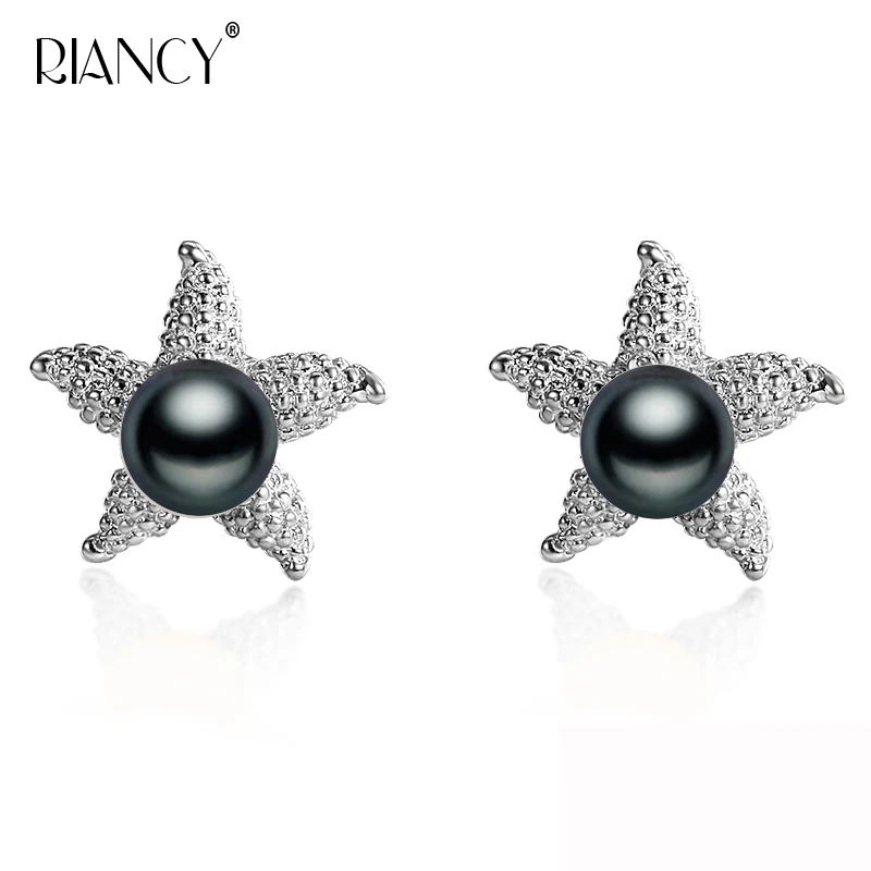 

RIANCY fashion Natural Freshwater Pearl stud earrings for women 7-8mm black pearl jewelry gift