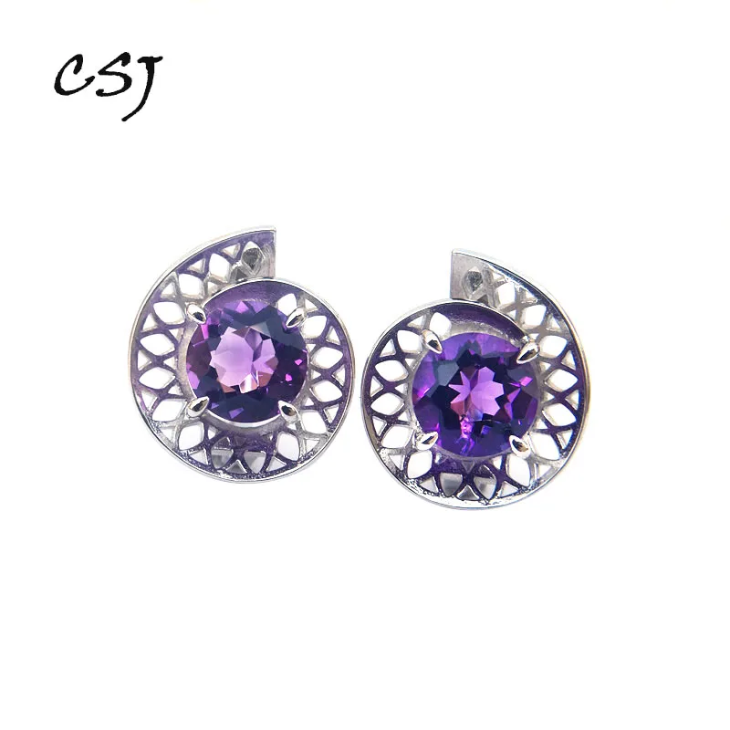 purple quartz CSJ аметист, кварц драгоценный камень ретро хорошие серьги стерлингового серебра 925 Круглый 8,0 мм ювелирные украшения для женщин леди подарок на помолвку - Цвет камня: purple quartz