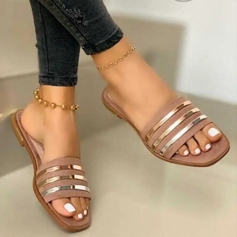 

Women Summer Slippers Flats Shoes Woman Sexy Sandals Gold Bar Shiny Metal Plus Size Open Toe Sandalias Mujer Sapato Feminino
