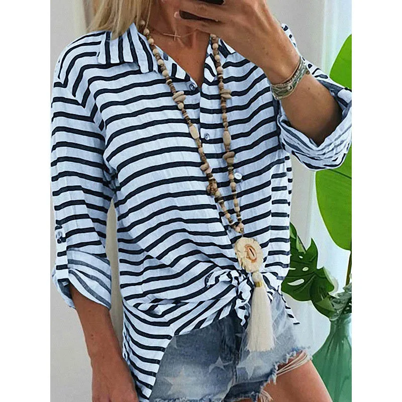 Женская блузка с V образным вырезом полосатая рубашка отворотным рукавом и
