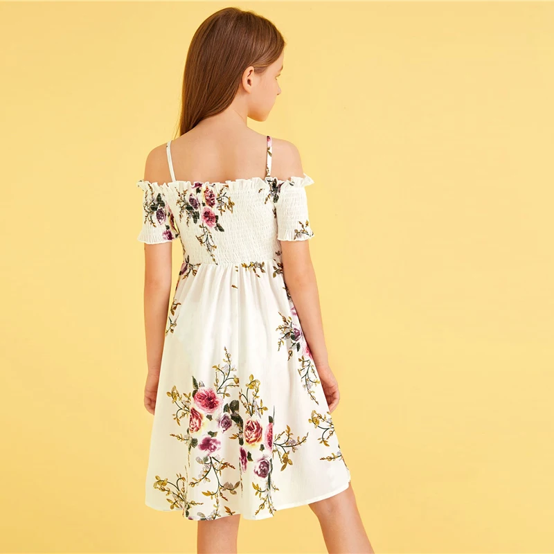 SHEIN/Детское платье в стиле бохо с открытыми плечами и цветочным принтом для девочек; коллекция года; летнее праздничное платье с короткими рукавами и высокой талией