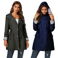 women coat lady trench waterproof winter casual waist drawstring pockets hooded solid color waterproof jacket raincoat clothes