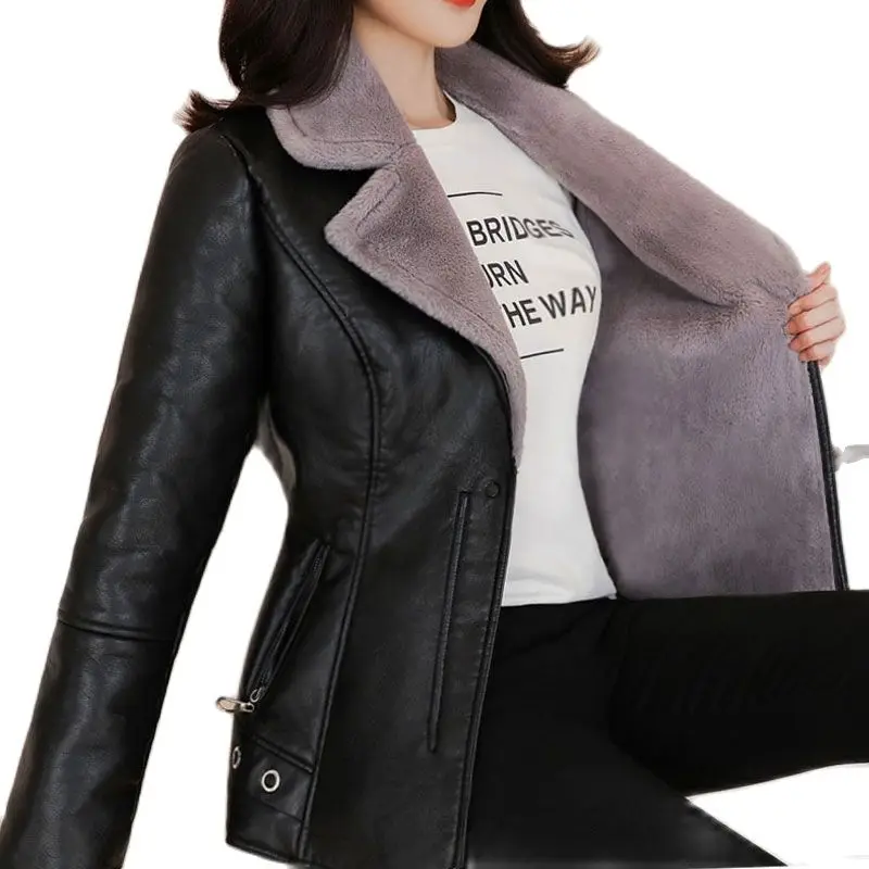 

Зимняя плотная бархатная облегающая куртка из ягненка, Женская мода 2021, повседневная однотонная короткая женская Байкерская мотоциклетная...