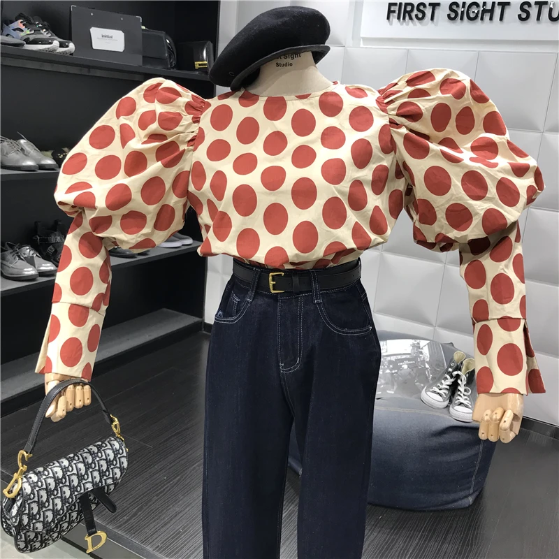 2021 Spring Summer Vintage Polka Dot Long Puff Sleeve O Neck Women Blouses Shirts Elegant Female Crop Korean Top Blusas | Женская одежда