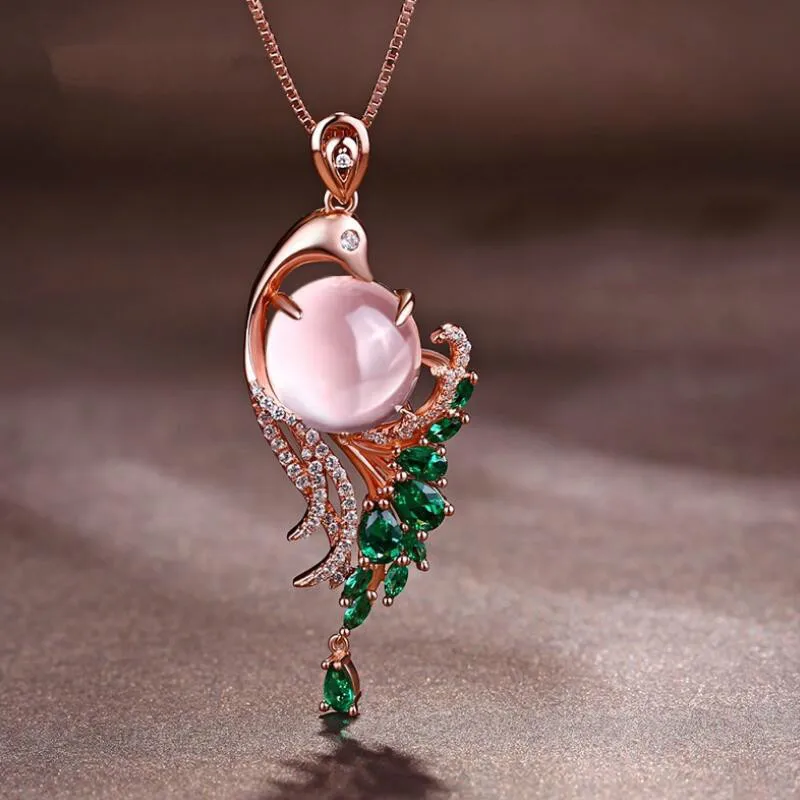 Новое поступление Розовое кристаллическое ожерелье с подвеской в виде феникса