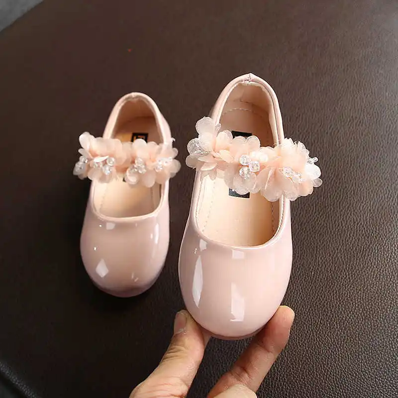Girls Leather Shoes 2021 Flower Crystal Mary Janes For Baby White Wedding Kids Flats Dance Black Pink |