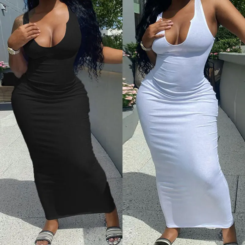 

Summer Sexy Dress Fashion Women Sleeveless Solid U Neck Bodycon Sexy Slim Sexy Skinny Female Bodycon Long Dress New Hot Sale