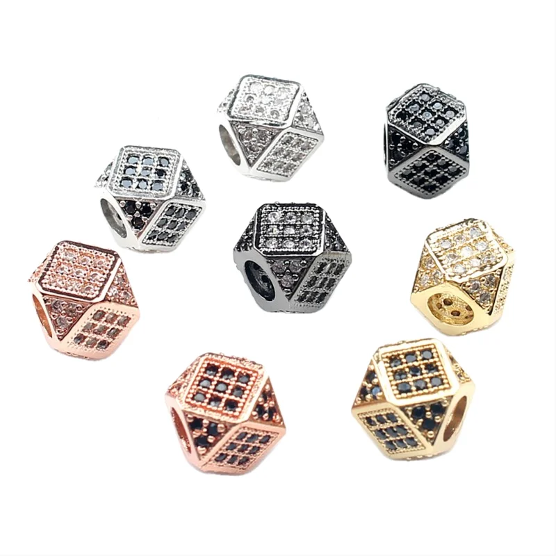 3pcs/lot 7x7mm Geometric Metal Brass Micro Pave CZ Beads for Bracelet Jewelry Making Charms Crystal Spacer Beads DIY Accessories