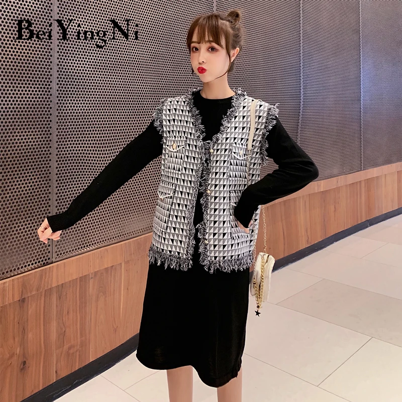 Beiyingni Plus Size Knit Dress Women Vintage Autumn Winter Vest Jacket Coats Slim Fashion Casual Two Piece Set Female Tops | Женская