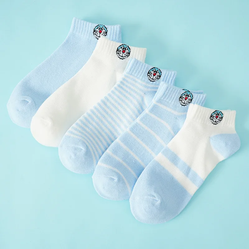

5 Pairs Women Kids Doraemon Ankle Socks Girls Kawaii Hello-Kitty Embroidery Cotton Socks Korean Cute Lovely Kawaii Cartoon Socks