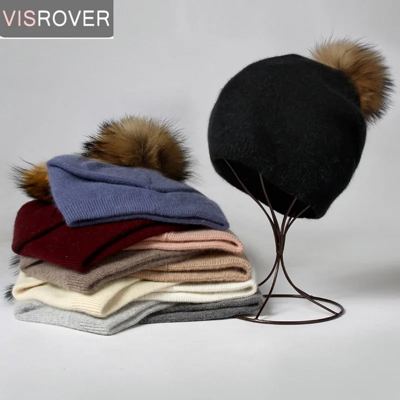 

VISROVER 10 Color Winter Beanies Solid Hats Real Fur Pompom Rabbit Cashmere Woman Skullies Warm Luxury Beanie Fashin Bonnet Gift