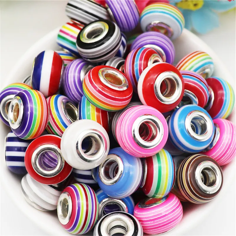 

10Pcs 14MM Round Rainbow Striped Color Resin Murano Spacer Pearl Beads Charms Fit Pandora Bracelet For Women DIY Jewelry Making