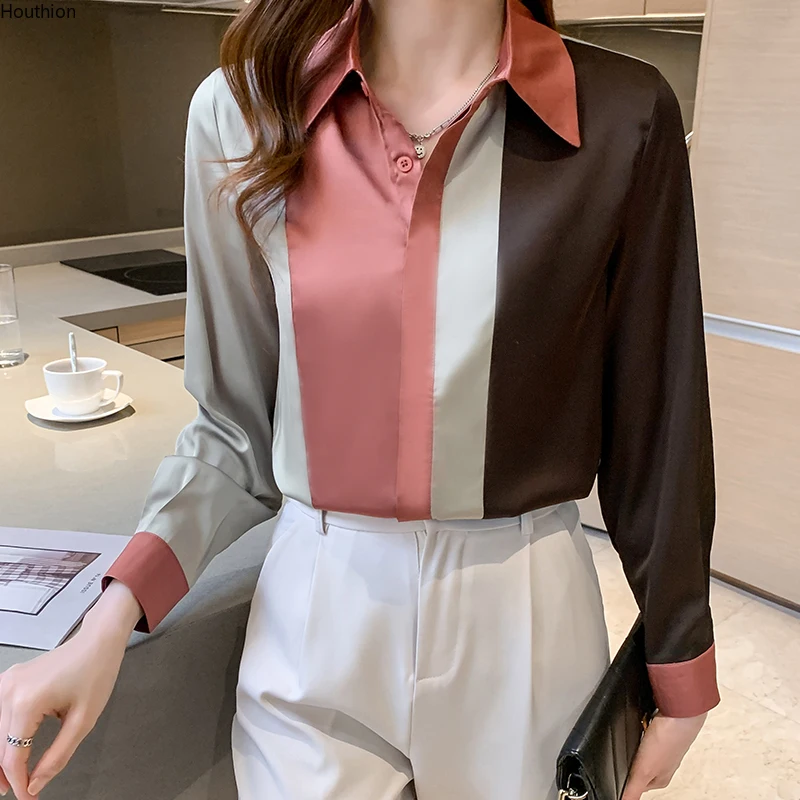 

Summer New Women's Blouses Polo Shirt Long Sleeve Top Printed Blouse Splicing Girl Satin Casual Fashion Lady Loose