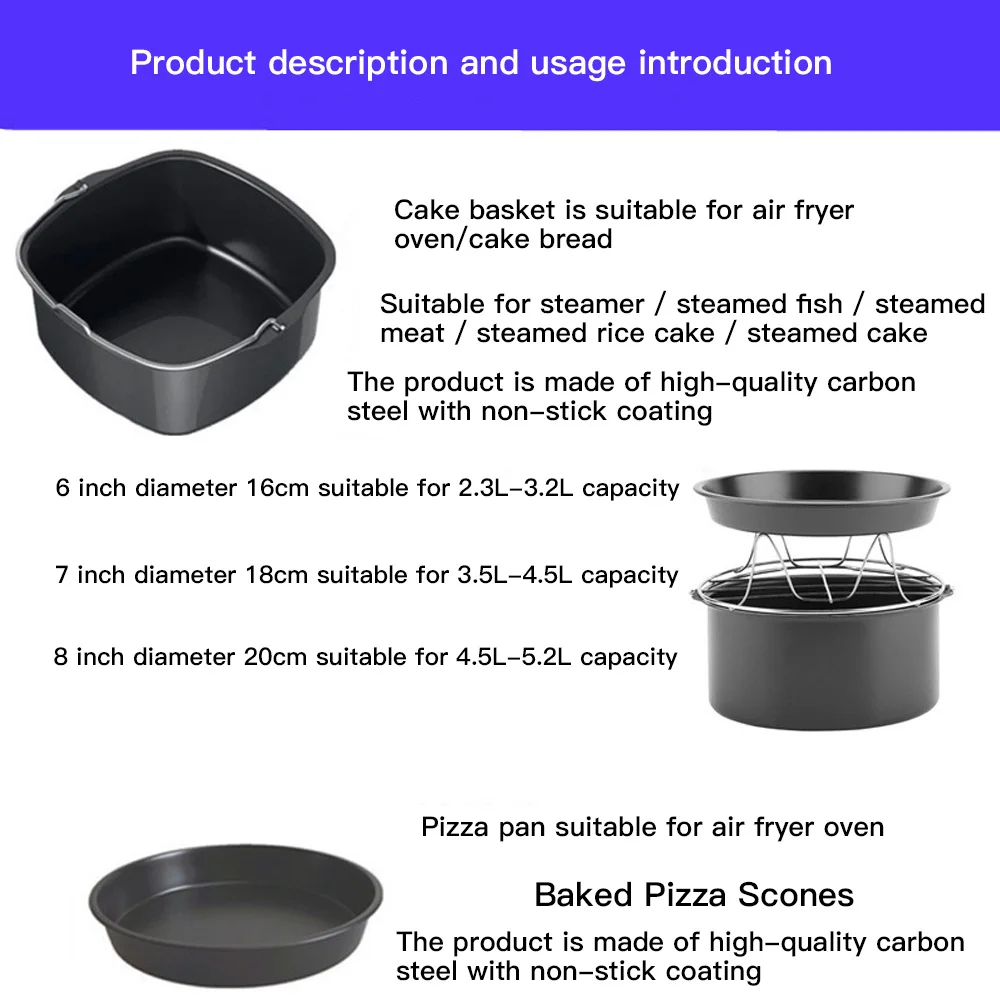 

10pcs/Set 8/7/6 Inch Air Fryer Bakeware Accessories For Gowise Phillips Cozyna And Secura Fit All Air Fryer 3.7 4.2 5.3 5.8QT