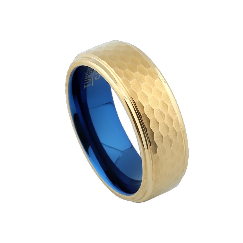 

wholesale classic hammerred wedding band blue gold tungsten carbide rings for men