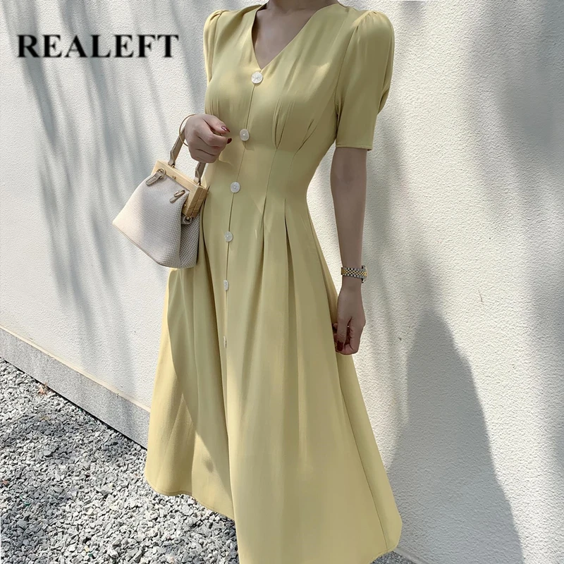 

REALEFT Лето 2021 Новое пятно Breated длинные рубашки платья для женщин в винтажном стиле, футболки с короткими рукавами и v-образной горловиной высо...
