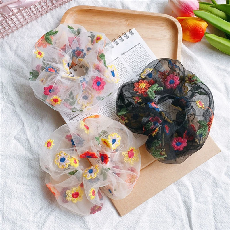 

Sweet Embroidery Flowers Mesh Scrunchies Women Romantic White Hair Rope Transparent Tulle Organza Hair Ties Hair Accessories