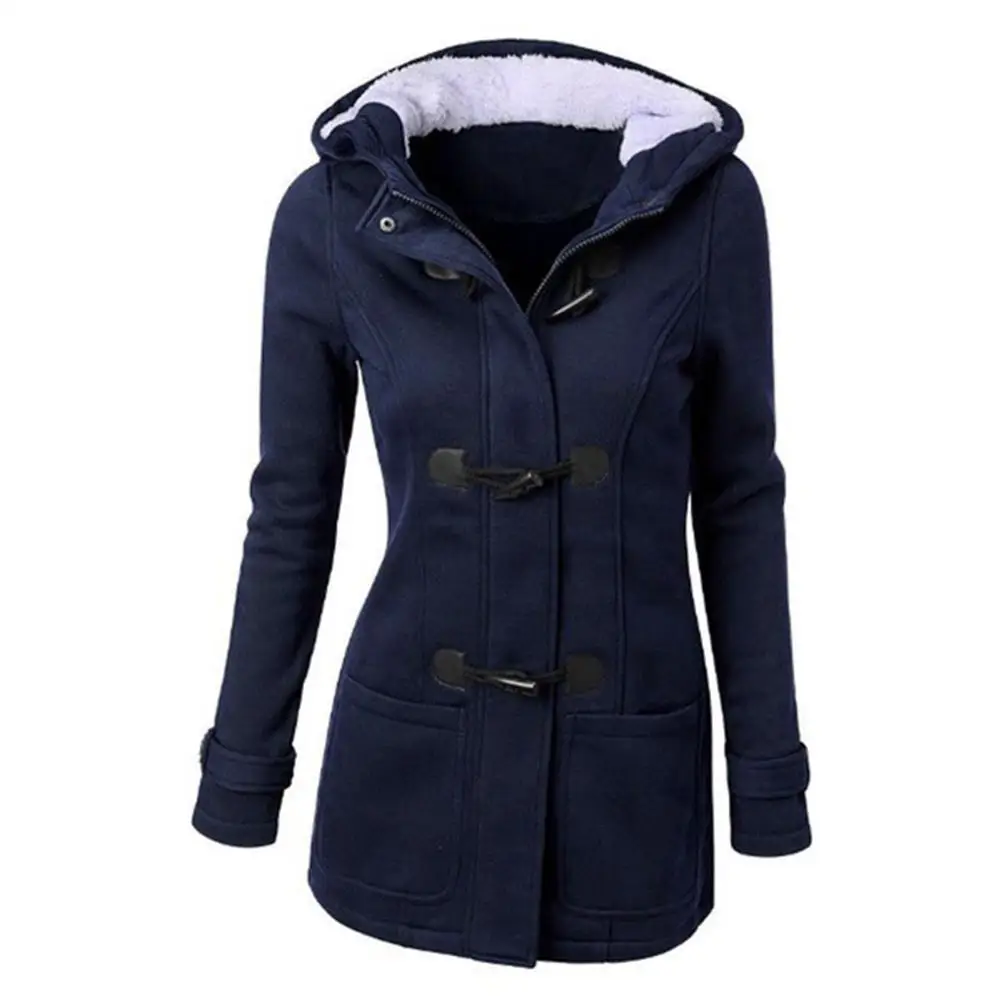 

Plus Size Winter Fashion Women Solid Color Horn Buckle Hooded Long Sleeve Coat Solid Color Easy to Match with Gifts Women Coats