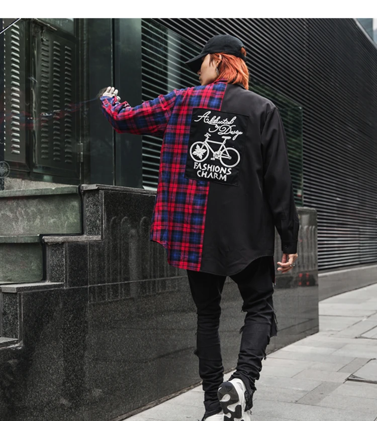 New Western Diablo Style Fashion Individuality Printed Plaid Patchwork Men's Long-Sleeved Shirts Hip Hop Autumn Streetwear Color