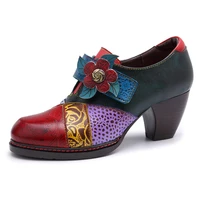 retro genuine women pumps women shoes genuine leather embossed embroidery buckle strap 4 5cm thick high heels colorblock