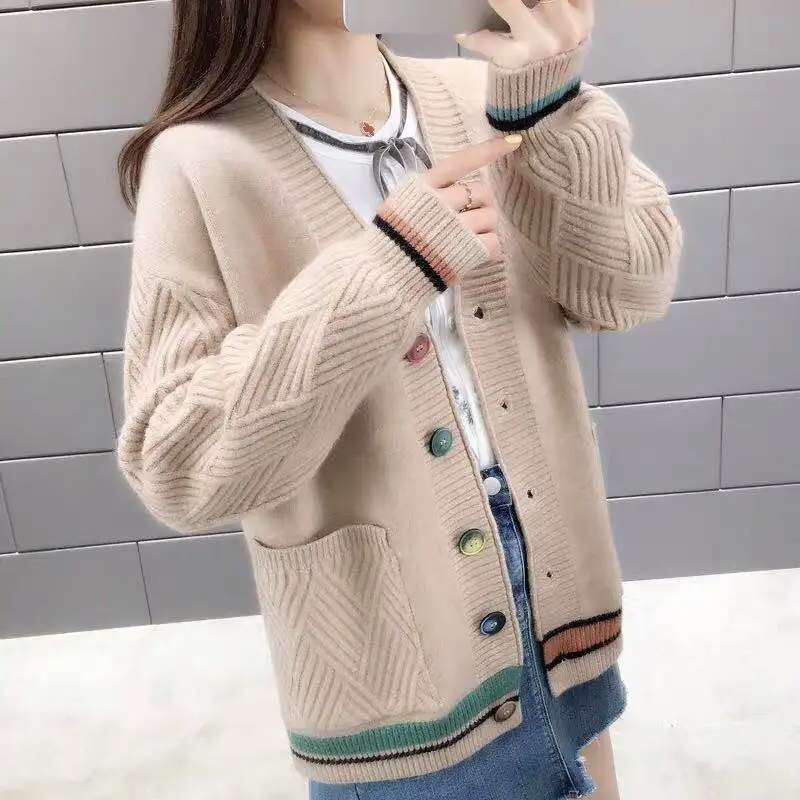 H han queen Single-breasted Jacket Knitted Cardigan Sweater Women Autumn Clothing Sweater Pocket Cardigan for Female Coat