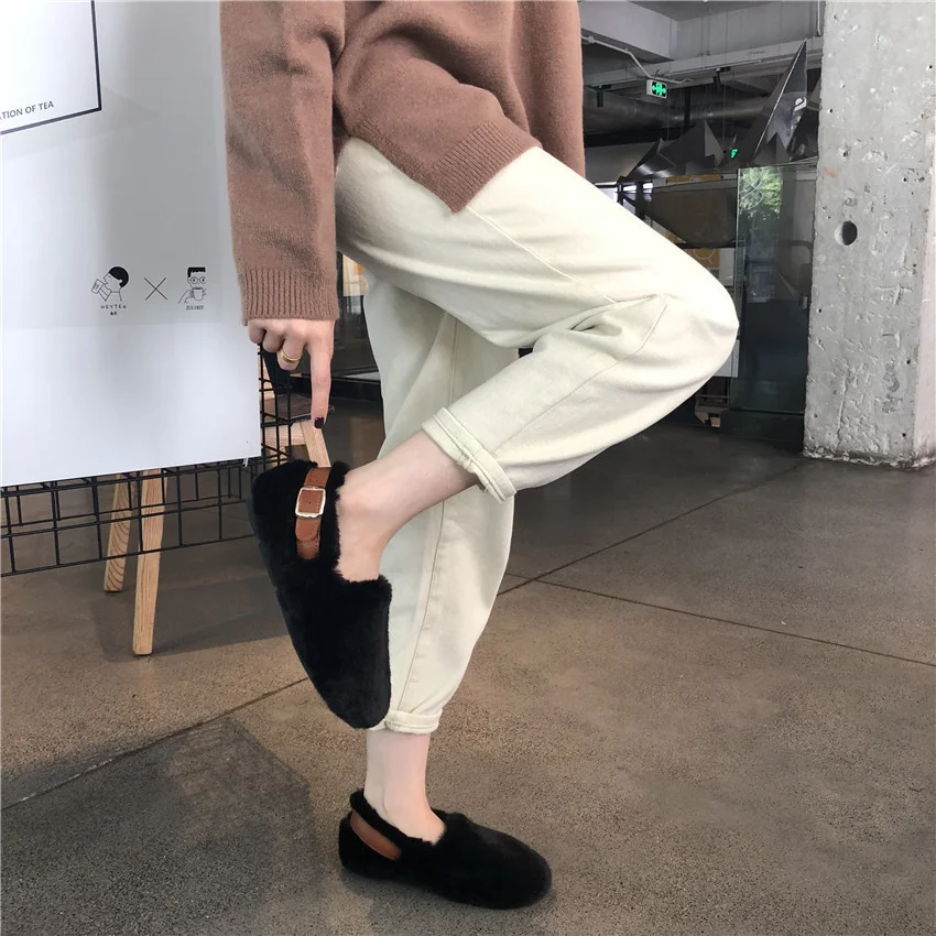 Winter Female Plush Square Buckle Strap Slip on Loafers Shallow Round Toe Furry Moccasins Warm Wool Shoes for Women Flats